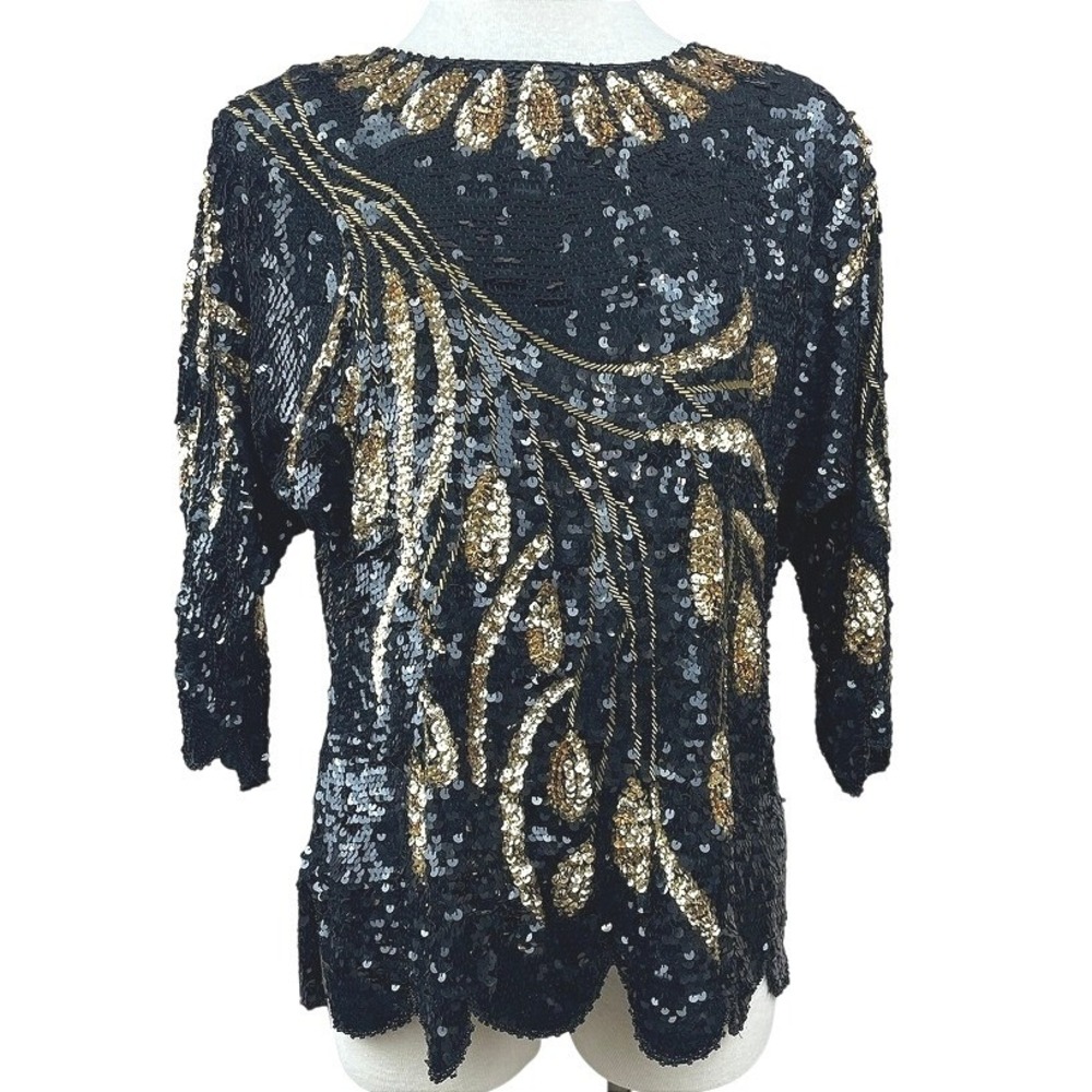 Vintage|Sequin Batwing Blouse Womens (XL) Silk Black Gold Pads Volup Party Bling